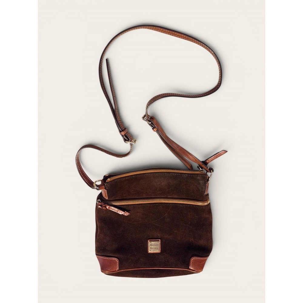 Dooney‎ & Bourke Brown Suede Leather Trim Crossbody Bag Front Zip Pocket